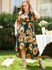 Plus Size & Curve Sunflower Print Plunging Neck High Low Maxi Summer Vacation Dress -  