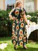 Plus Size & Curve Sunflower Print Plunging Neck High Low Maxi Summer Vacation Dress -  