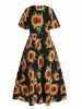 Plus Size & Curve Sunflower Print Plunging Neck High Low Maxi Summer Vacation Dress -  