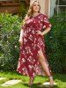 Plus Size Summer Floral Slit High Waist Self Belted A Line Maxi Vacation Casual Dress -  