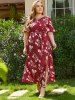 Plus Size Summer Floral Slit High Waist Self Belted A Line Maxi Vacation Casual Dress -  