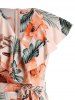 Plus Size & Curve Leaf Floral Ruffle Slit Belted Asymmetrical Hem Maxi Summer Dress -  