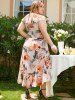 Plus Size & Curve Leaf Floral Ruffle Slit Belted Asymmetrical Hem Maxi Summer Dress -  