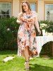 Plus Size & Curve Leaf Floral Ruffle Slit Belted Asymmetrical Hem Maxi Summer Dress -  