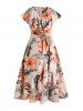 Plus Size & Curve Leaf Floral Ruffle Slit Belted Asymmetrical Hem Maxi Summer Dress -  