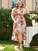 Plus Size & Curve Leaf Floral Ruffle Slit Belted Asymmetrical Hem Maxi Summer Dress -  