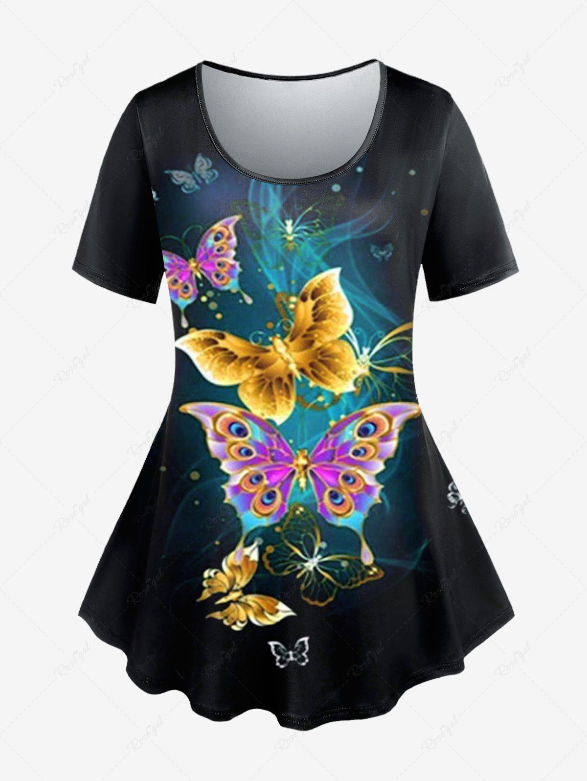T-shirt à Imprimé Papillon à Manches Courtes Grande Taille Noir 5x | US 30-32