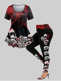 Ensemble T-shirt et Legging Gothique à Imprimé Rose et Crâne Sanglant - BLACK
