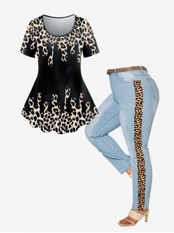 Animal Leopard Print Tee and High Rise Jeans Plus Size Outfit - BLACK