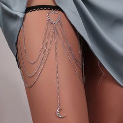 Layered Hollow Out Heart Moon Pendant Elastic Thigh Chain - BLACK