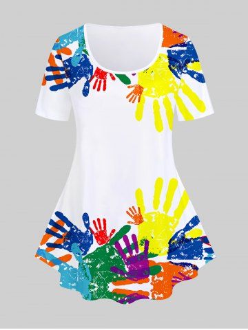 Plus Size Short Sleeve Rainbow Paint Hands Print T-shirt