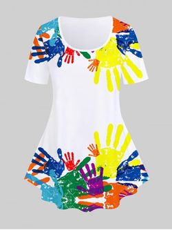 Plus Size Short Sleeve Rainbow Paint Hands Print T-shirt - WHITE - 3X | US 22-24