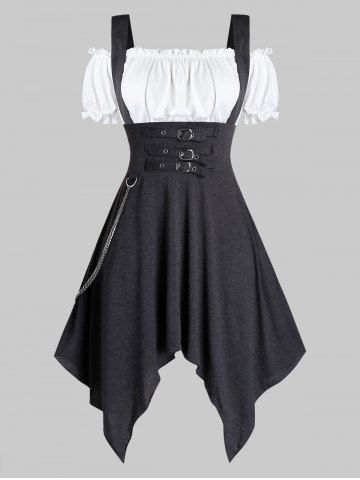 Gothic Cold Shoulder Buckles Chain Handkerchief Dress - WHITE - S | US 8