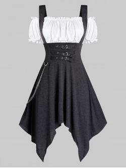 Gothic Cold Shoulder Buckles Chain Handkerchief Dress - WHITE - M | US 10