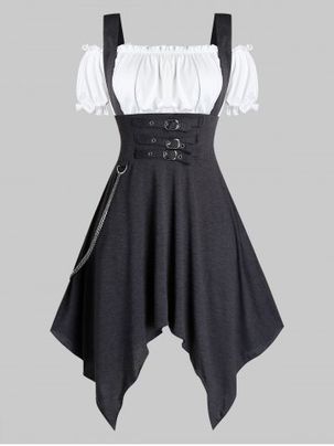 Gothic Cold Shoulder Buckles Chain Handkerchief Dress