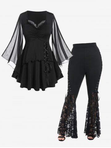 Lace Up Sheer Mesh Flare Sleeve Tee and Lace Bell Bottom Pants Plus Size Outfit - BLACK