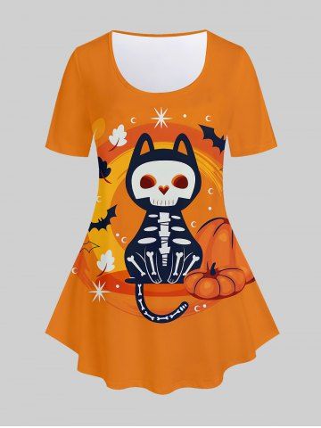 Plus Size Halloween Skeleton Cat Pumpkin Print Tee