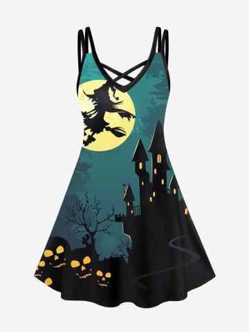 Crisscross Skulls Witch Printed Halloween A Line Dress - DEEP GREEN - S | US 8