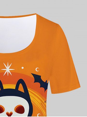 Plus Size Halloween Skeleton Cat Pumpkin Print Tee