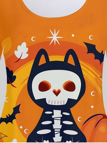 Plus Size Halloween Skeleton Cat Pumpkin Print Tee