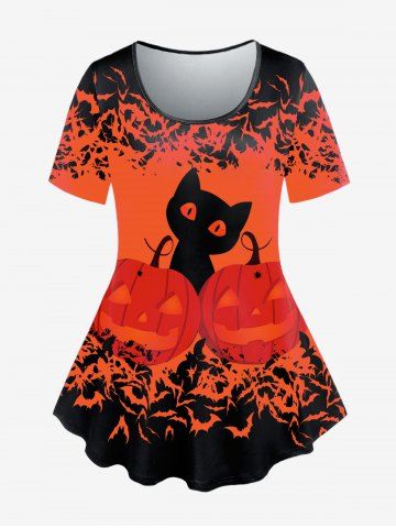 Plus Size Halloween Pumpkin Cat Bat Print Tee - DARK ORANGE - 2X | US 18-20
