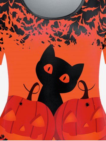 Plus Size Halloween Pumpkin Cat Bat Print Tee
