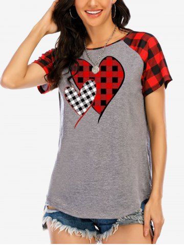 T-shirt Cœur à Carreaux de Grande Taille à Manches Raglan - RED - 4X | US 26-28