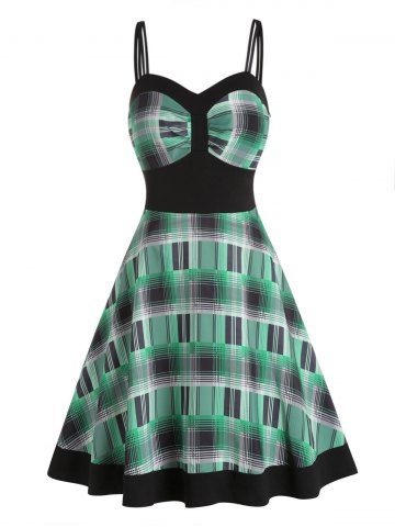 Plaid Print Empire Waist Dual Strap A Line Mini Casual Dress - GREEN - S