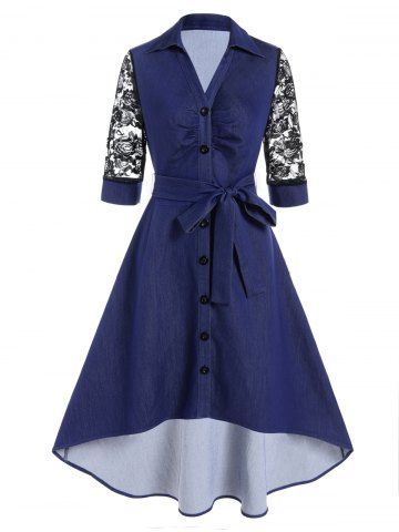 Flower Lace Panel Belted Turn Down Collar Button-up High Low Midi Vintage Dress - DEEP BLUE - M