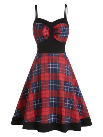 Plaid Print Empire Waist Dual Strap A Line Mini Casual Dress - RED - S