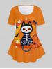 T-shirt D'Halloween à Imprimé Chat Citrouille Squelette Grande Taille - Orange 
