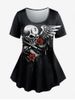 T-shirt à Imprimé Gothique Rose Crâne à Manches Courtes - Noir 