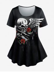 Gothic Skull Rose Wings Printed Short Sleeves Tee -  