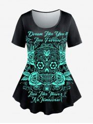 T-shirt à Imprimé Gothique Rose Crâne à Manches Courtes - Noir L | États-Unis 12