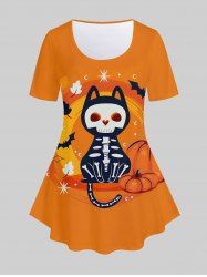 Plus Size Halloween Skeleton Cat Pumpkin Print Tee -  