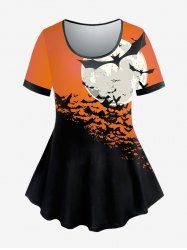 T-shirt D'Halloween à Imprimé Chauve-souris et Lune de Grande Taille - Orange Foncé 4X | US 26-28