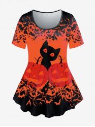 T-shirt D'Halloween à Imprimé Chat Citrouille et Chauve-souris de Grande Taille - Orange Foncé 5x | US 30-32