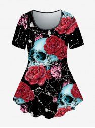 T-shirt à Imprimé Gothique Rose Crâne à Manches Courtes - Noir 1X | US 14-16