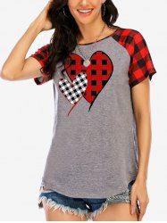 T-shirt Cœur à Carreaux de Grande Taille à Manches Raglan - Rouge L | US 12