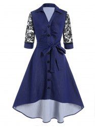 Flower Lace Panel Belted Turn Down Collar Button-up High Low Midi Vintage Dress -  