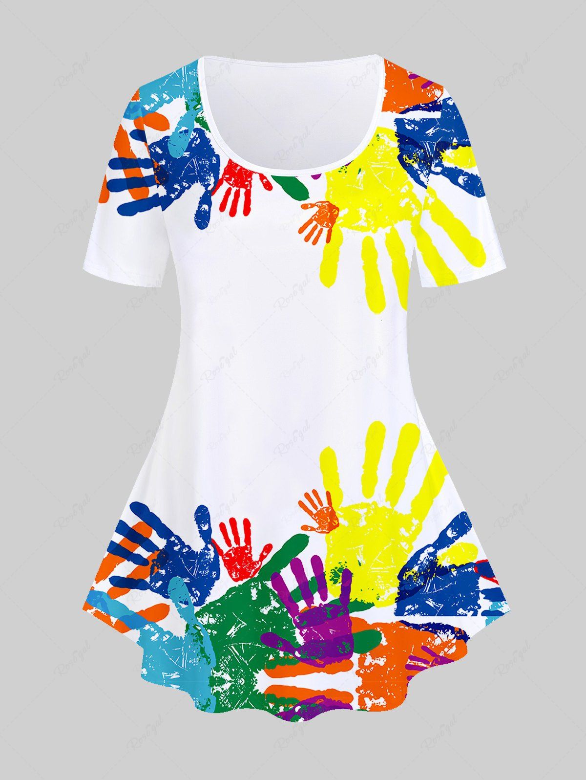 Sale Plus Size Short Sleeve Rainbow Paint Hands Print T-shirt  