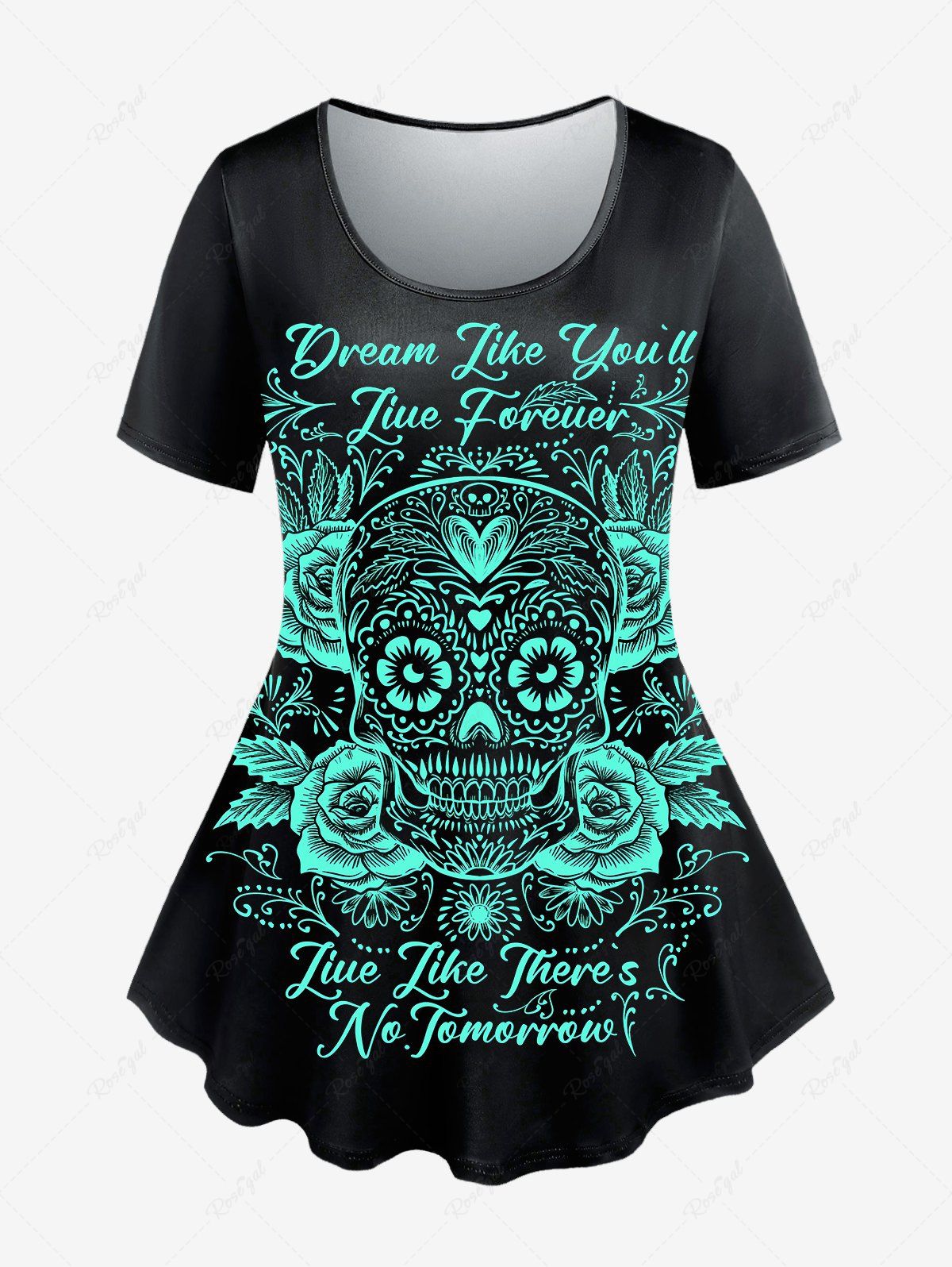 T-shirt à Imprimé Gothique Rose Crâne à Manches Courtes Noir L | États-Unis 12