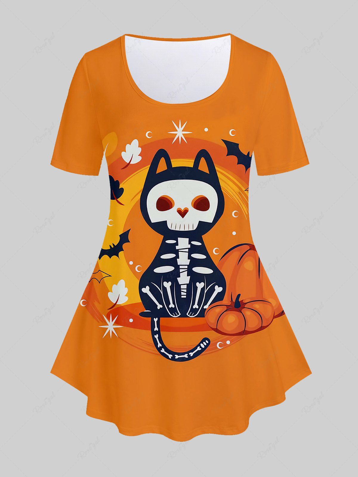 Affordable Plus Size Halloween Skeleton Cat Pumpkin Print Tee  