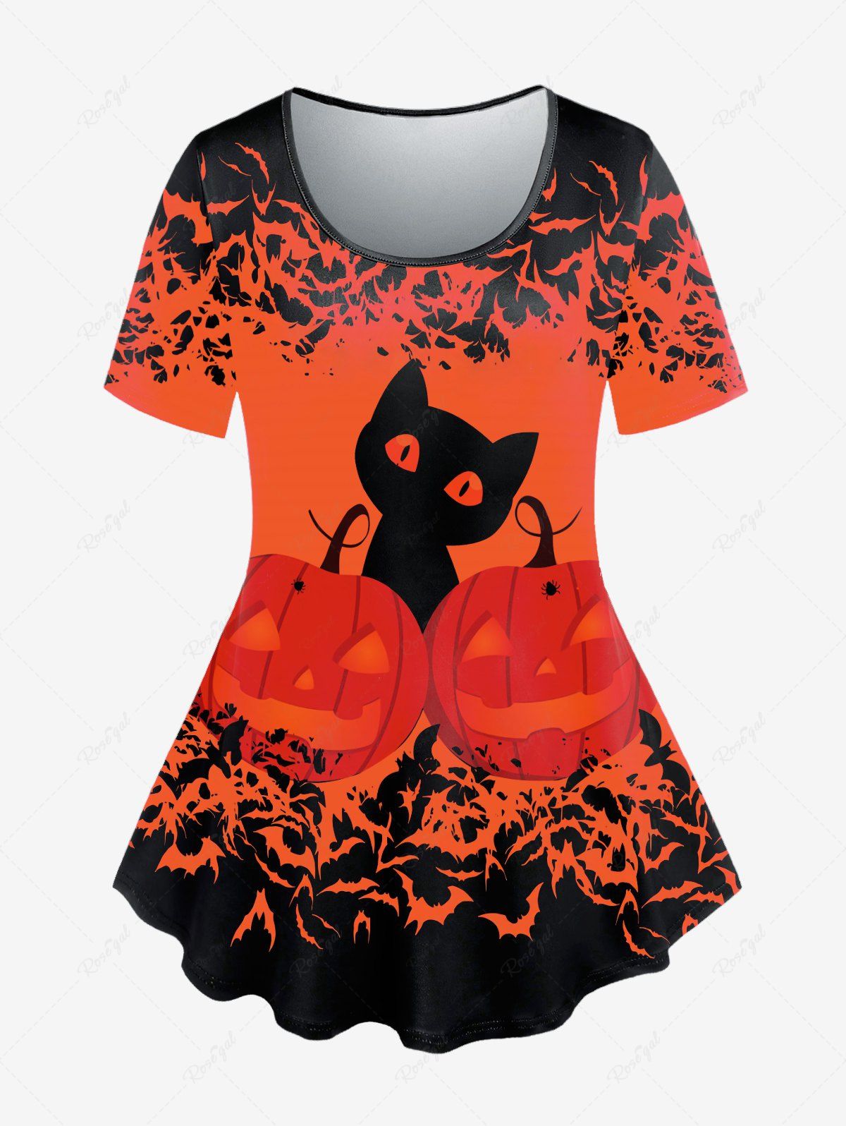 T-shirt D'Halloween à Imprimé Chat Citrouille et Chauve-souris de Grande Taille Orange Foncé 5x | US 30-32