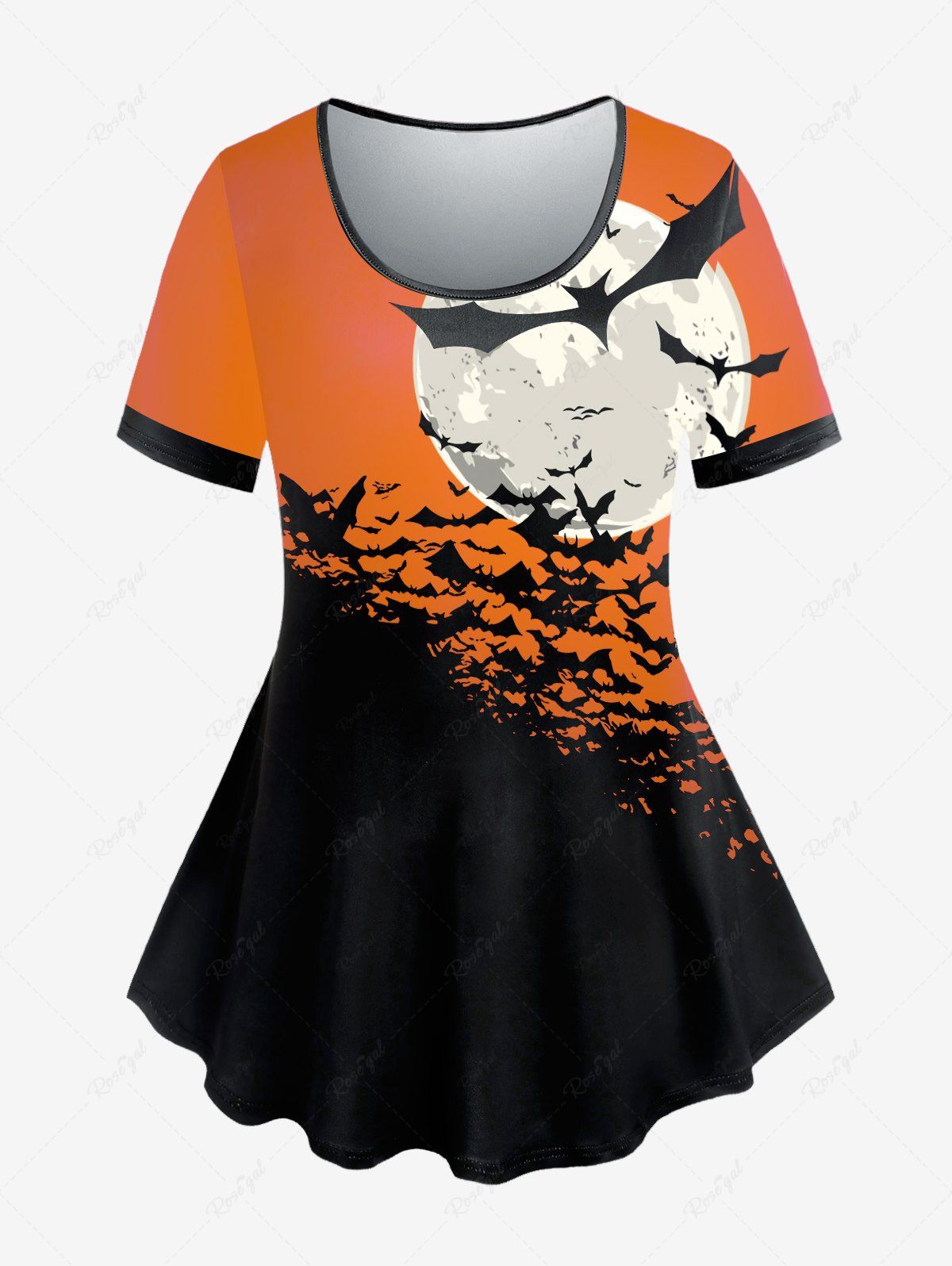 T-shirt D'Halloween à Imprimé Chauve-souris et Lune de Grande Taille Orange Foncé 