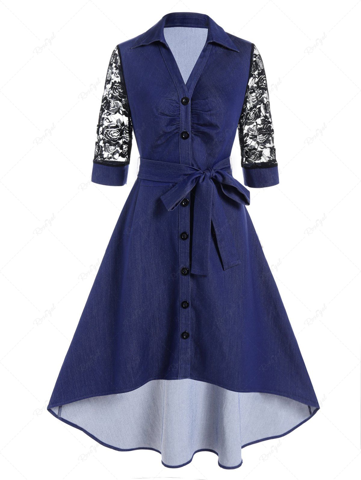 Shop Flower Lace Panel Belted Turn Down Collar Button-up High Low Midi Vintage Dress  