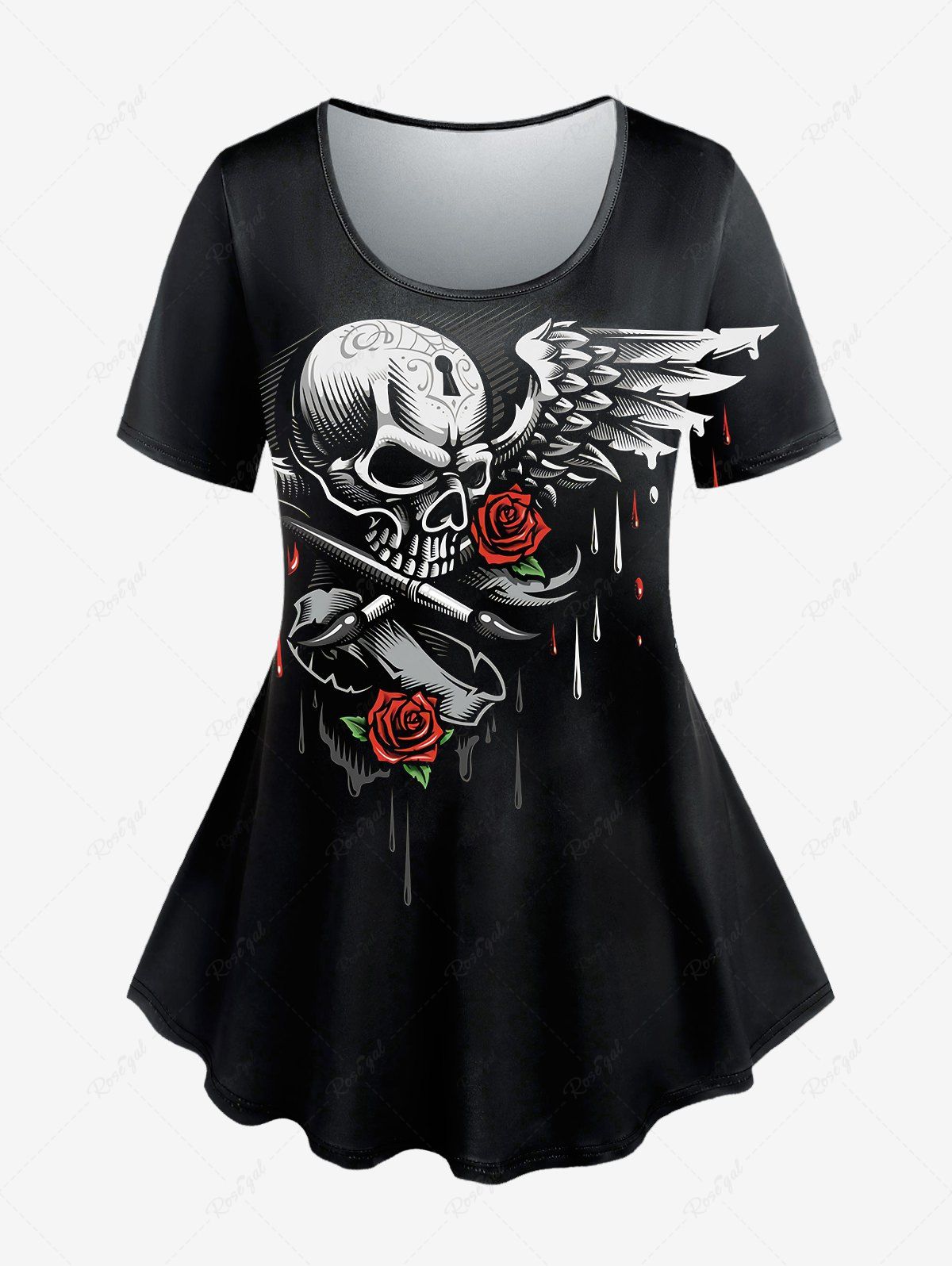 Affordable Gothic Skull Rose Wings Printed Short Sleeves Tee  