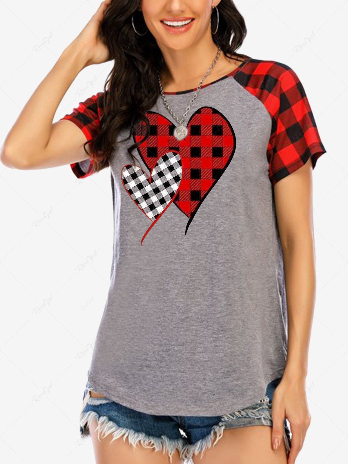 T-shirt Cœur à Carreaux de Grande Taille à Manches Raglan Rouge 