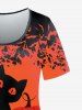 T-shirt D'Halloween à Imprimé Chat Citrouille et Chauve-souris de Grande Taille - Orange Foncé 