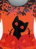 T-shirt D'Halloween à Imprimé Chat Citrouille et Chauve-souris de Grande Taille - Orange Foncé 4X | US 26-28